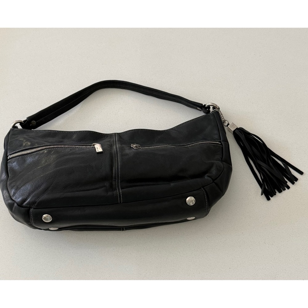 Y2K Perlina Black Leather Hobo Shoulder Bag Tassel Silver Hardware